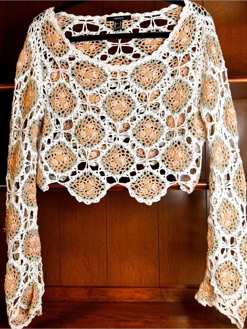 Boho Granny core Prairie Festival Hippie Open Crochet Sweater Top Sz M